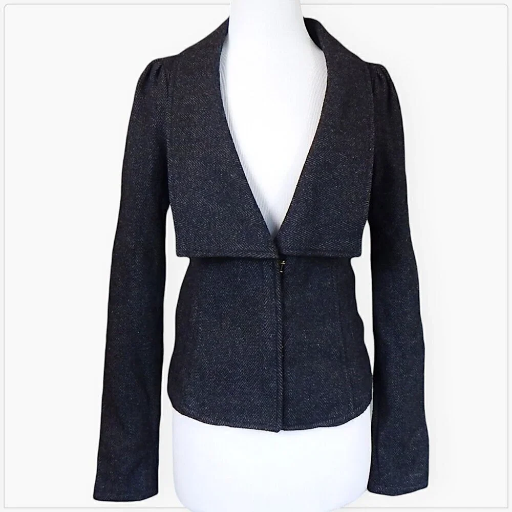 Free People Charcoal Gray Herringbone Tweed Puff Sleeve Jacket Blazer Coat 4